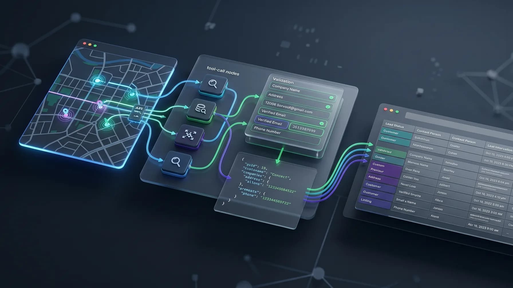 An AI agent workspace with tool calls, business contact records, and structured lead data.